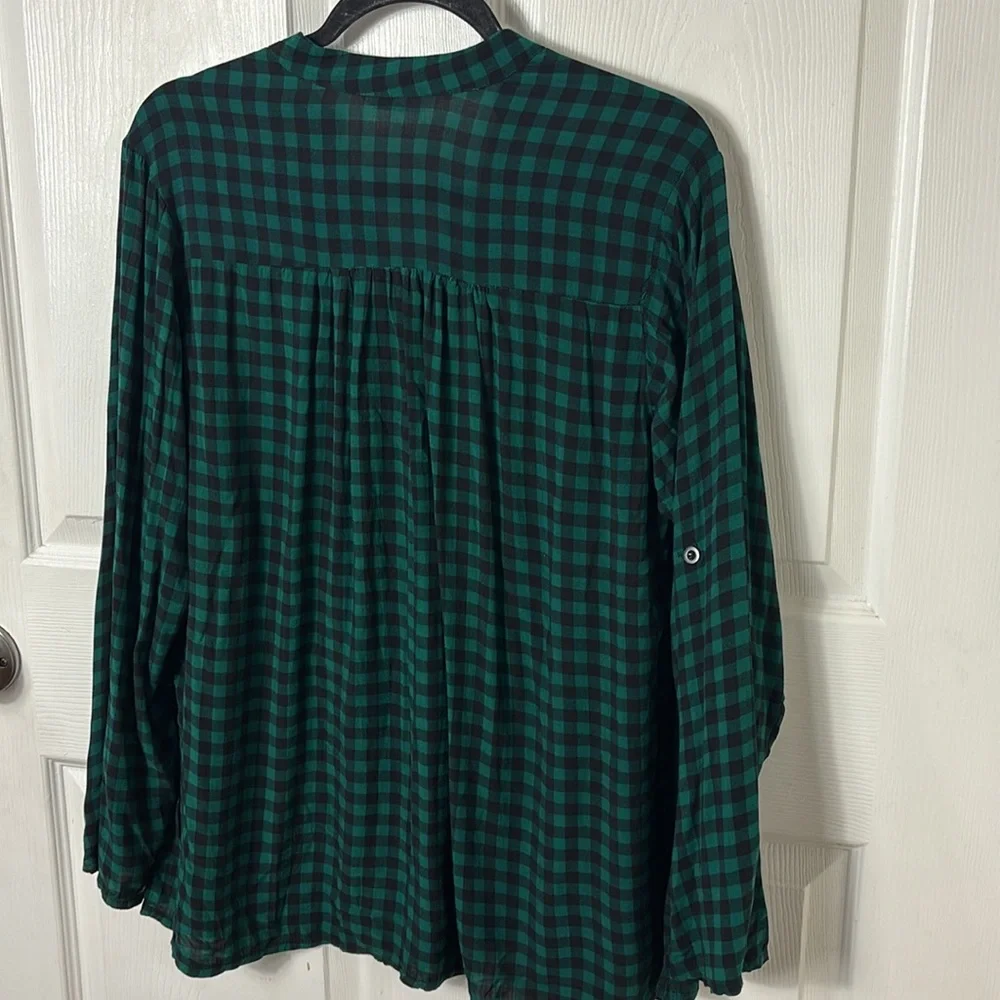 MEAKEOR lightweight flowy Green Checkered Womens vneck blouse sleeve tab size XL - Picture 3 of 12